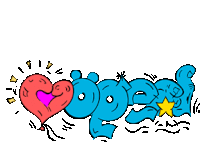 a cartoon drawing of the word open with a heart and a star