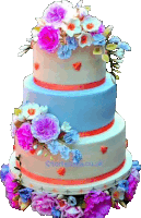 a three tiered cake with pink and blue flowers and the words tortella.co.uk below it