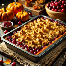 a casserole dish filled with cranberry sauce and crumble