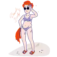 a pixel art drawing of a woman in a bikini with the words " beachy body " written above her