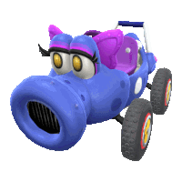 a blue and purple cartoon car with a purple bow on the back