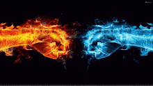 two fist bumps with red and blue flames coming out of them on a black background