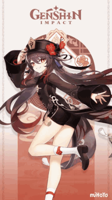 a poster for genshin impact shows a girl with long dark hair