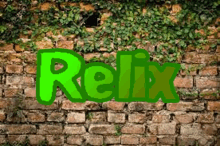 a brick wall with the word relix in green