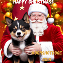 a picture of santa claus holding a dog with the words happy christmass moonshotdoge coin