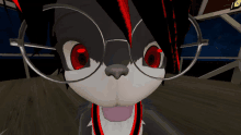 a close up of a cartoon character wearing glasses with red eyes