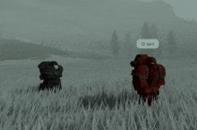 two robots are standing in a field and one has a speech bubble that says o het