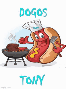 a cartoon hot dog wearing a chef 's hat is cooking sausages on a grill