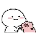 a white cartoon character is holding a pink pig 's hand .