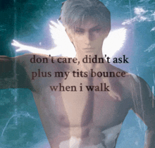 a picture of a shirtless angel with the words " don 't care didn 't ask plus my tits bounce