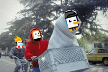 a man in a red hoodie is carrying a white crate with a penguin on it