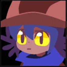 a cartoon character with blue hair and yellow eyes is wearing a hat .