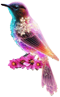 a colorful bird is perched on a branch of pink flowers