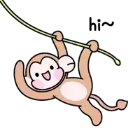 a cartoon of a monkey hanging from a tree branch with the word hi below it .