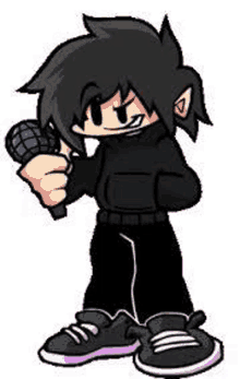 a cartoon character is holding a microphone and wearing a black hoodie .