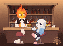 a cartoon drawing of a bartender and a skeleton sitting at a bar