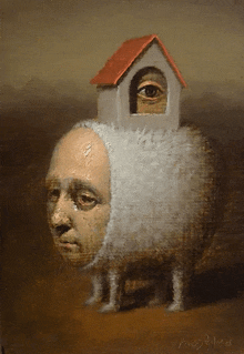 a painting of a man 's head with a house on top