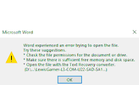 a microsoft word error message that says word experienced an error trying to open the file .