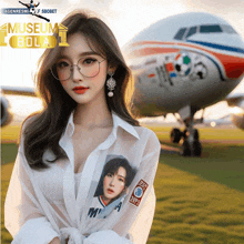 a woman wearing glasses stands in front of an airplane with the words museum bola on the top