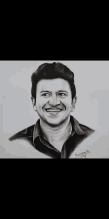 a black and white drawing of a smiling man .