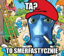 a smurf wearing a red hat and smoking a cigarette is surrounded by smurfs .