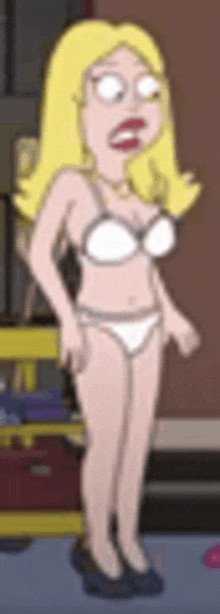 a cartoon character is standing in a room wearing a white bra and panties .