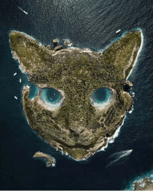 an aerial view of a cat shaped island with blue eyes