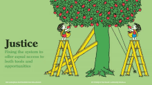 a cartoon of two children picking apples from an apple tree