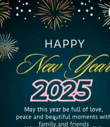 a happy new year 2025 greeting card with fireworks