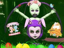 a doll with bunny ears is surrounded by easter eggs and a sign that says hoppy easter