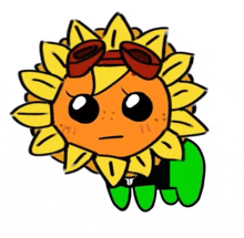 a cartoon drawing of a sunflower wearing goggles and a t-shirt .