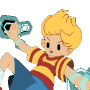 a pixel art of a boy holding a bottle opener