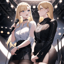 two blonde anime girls are standing next to each other one is holding a microphone