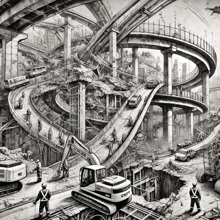 a black and white drawing of a construction site with a excavator that says jcb