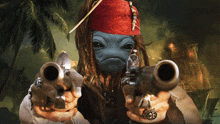 a pirate with dreadlocks and a bandana is pointing two guns at the camera