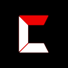 a red and white letter c is against a black background