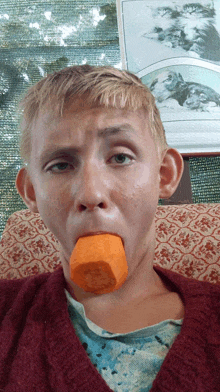 a man with a carrot in his mouth looks at the camera