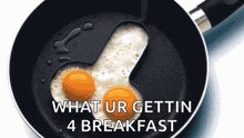 two eggs in a frying pan with the words what ur gettin 4 breakfast below them