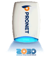 a white pronet alarm with a blue light on it