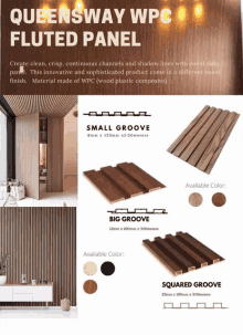 a poster for queensway wpc fluted panel with different types of panels