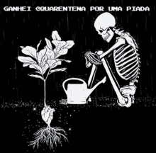 a black and white drawing of a skeleton planting a plant