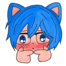 a drawing of a boy with blue hair and cat ears covering his mouth with his hands