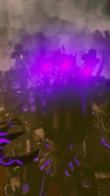 a group of robots with purple eyes are standing in a dark room .