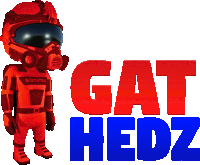 a robot wearing a gas mask stands in front of a gat hedz logo