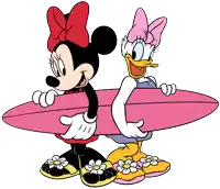 minnie mouse and daisy duck holding surfboards in their hands