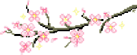 it looks like a pixel art of a cherry blossom tree branch with pink flowers and yellow centers .