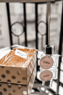 a bottle of caline perfume sits next to a thank you card