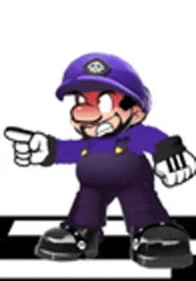 a cartoon character in a purple hat and overalls is pointing .