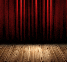 a wooden stage with a red curtain and a wooden floor