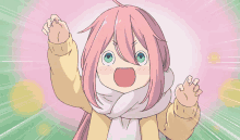 a girl with pink hair and blue eyes is wearing a scarf around her neck